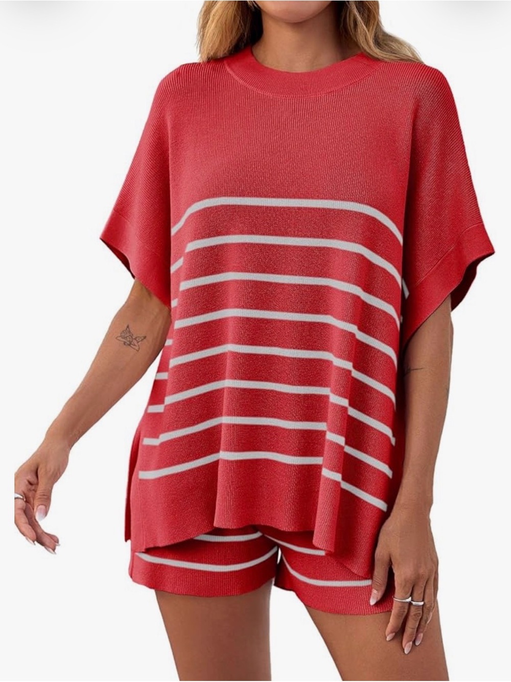 Amazon Red and White Striped Knit Lounge Top & Shorts